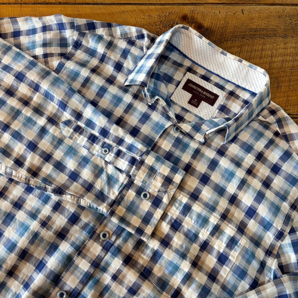 Johnston & Murphy Mens Blue‎ White Gingham Lightweight Button Down Shirt Size M